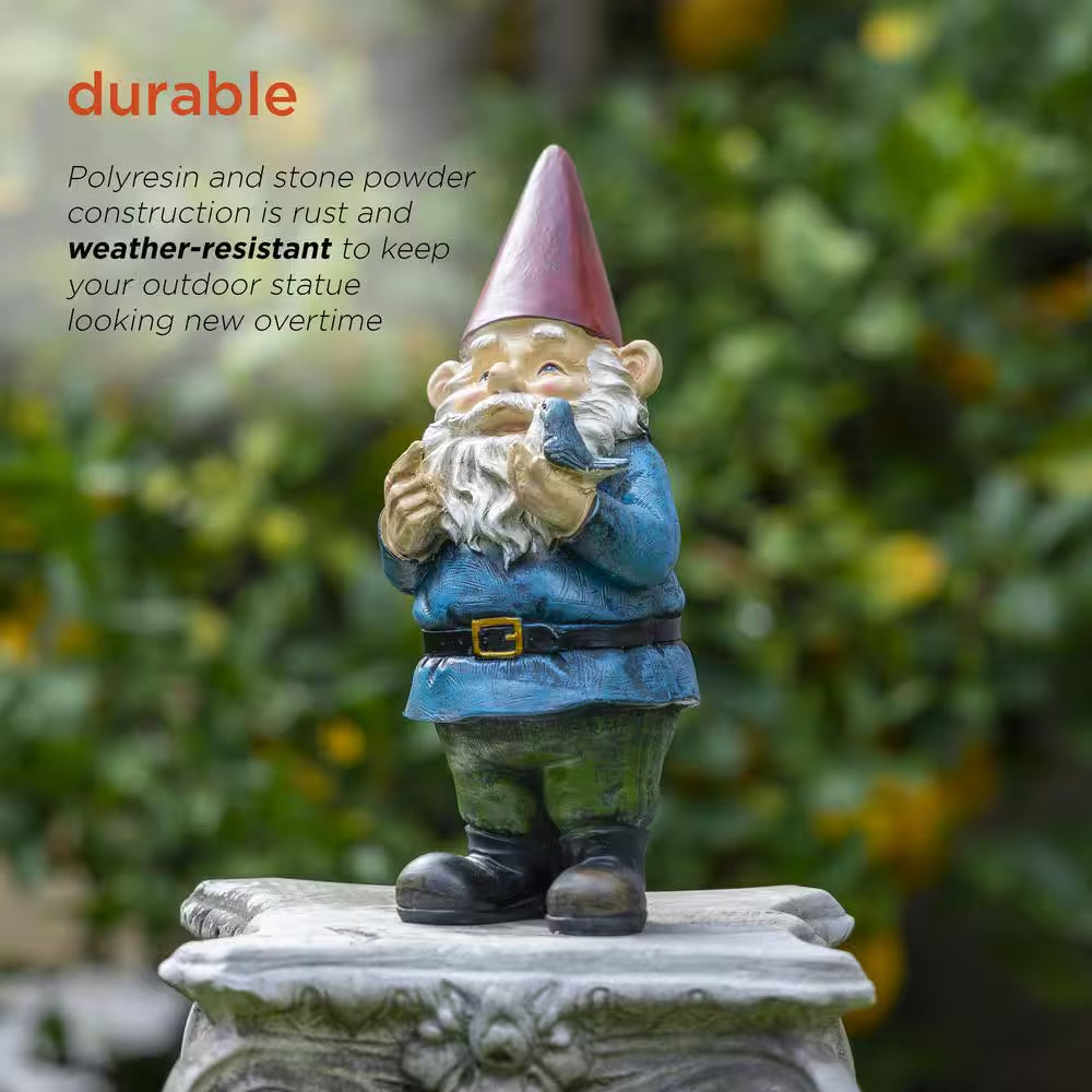 12 In. Tall Outdoor Garden Gnome with Bird Yard Statue Decoration, Multicolor