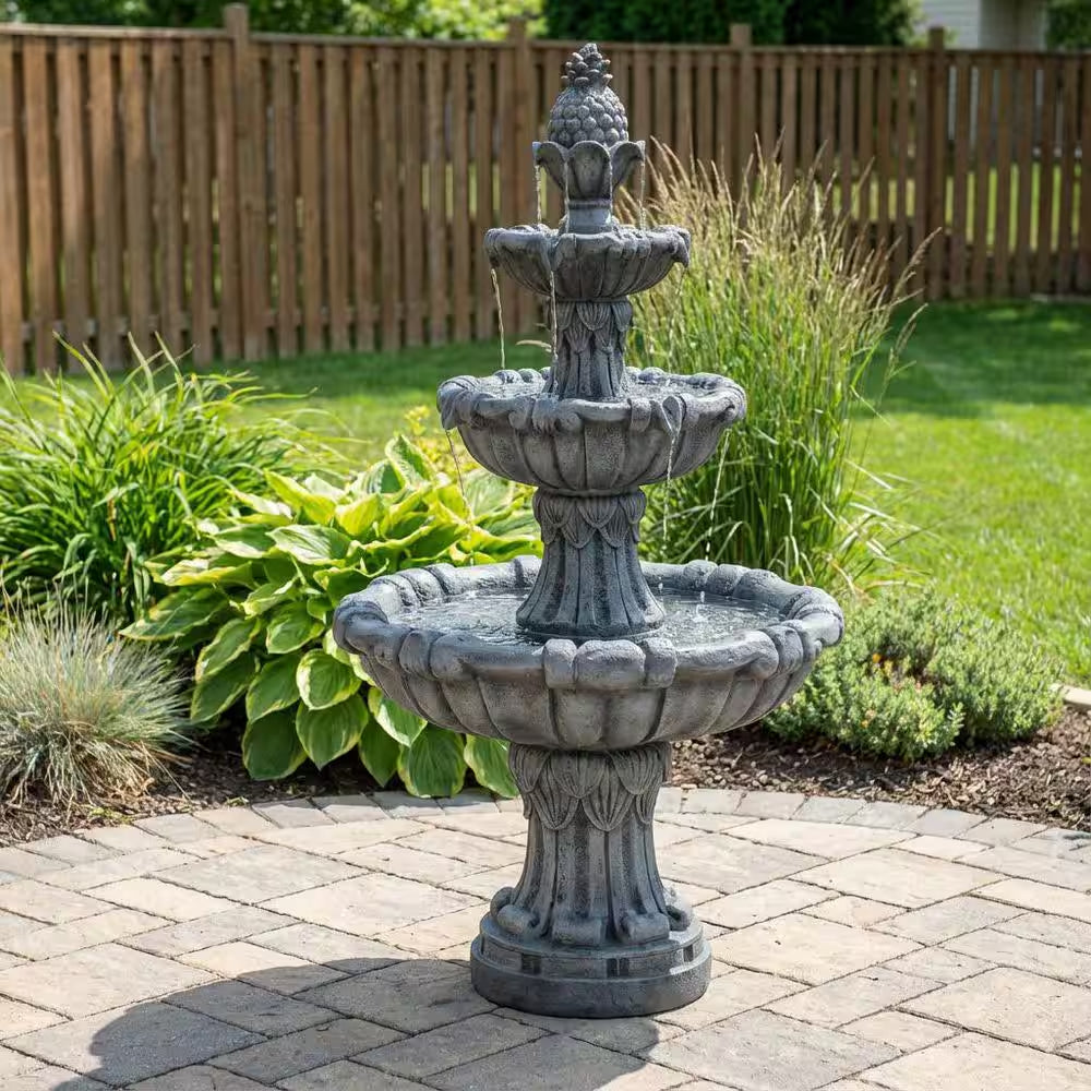 58.3" Leaf Classic Bird Bath Water Fountain, 3-Tier, Outdoor Garden, with Pump, White Resin, Yard, Lawn, Porch Decor