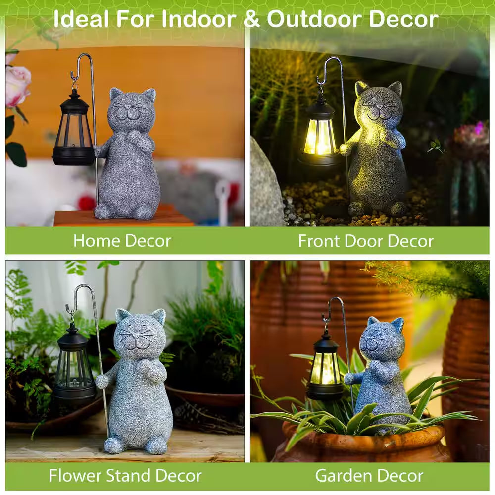 Solar Garden Statue Cat Figurine- Garden Art with Solar Lantern, Unique Housewarming Gift for Mom Grandma