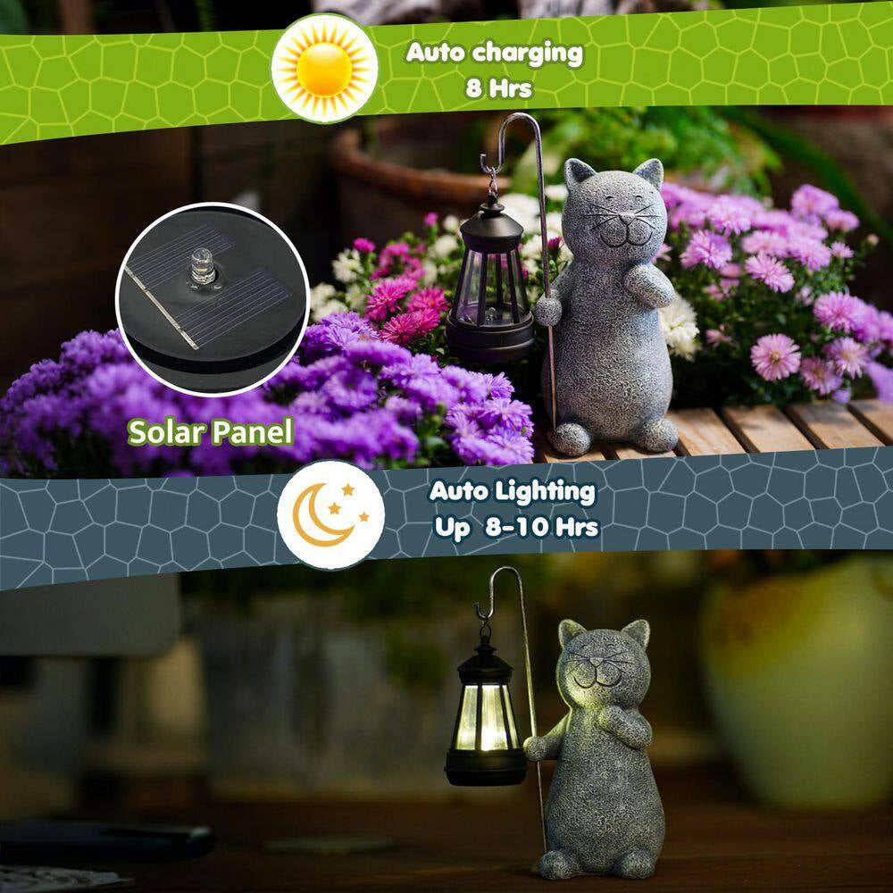 Solar Garden Statue Cat Figurine- Garden Art with Solar Lantern, Unique Housewarming Gift for Mom Grandma