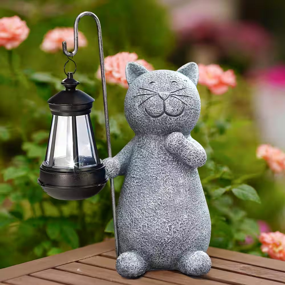 Solar Garden Statue Cat Figurine- Garden Art with Solar Lantern, Unique Housewarming Gift for Mom Grandma