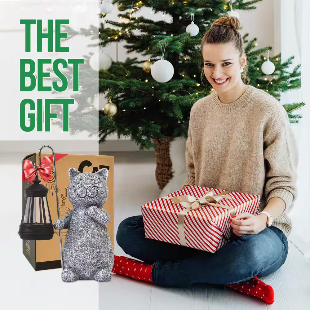 Solar Garden Statue Cat Figurine- Garden Art with Solar Lantern, Unique Housewarming Gift for Mom Grandma