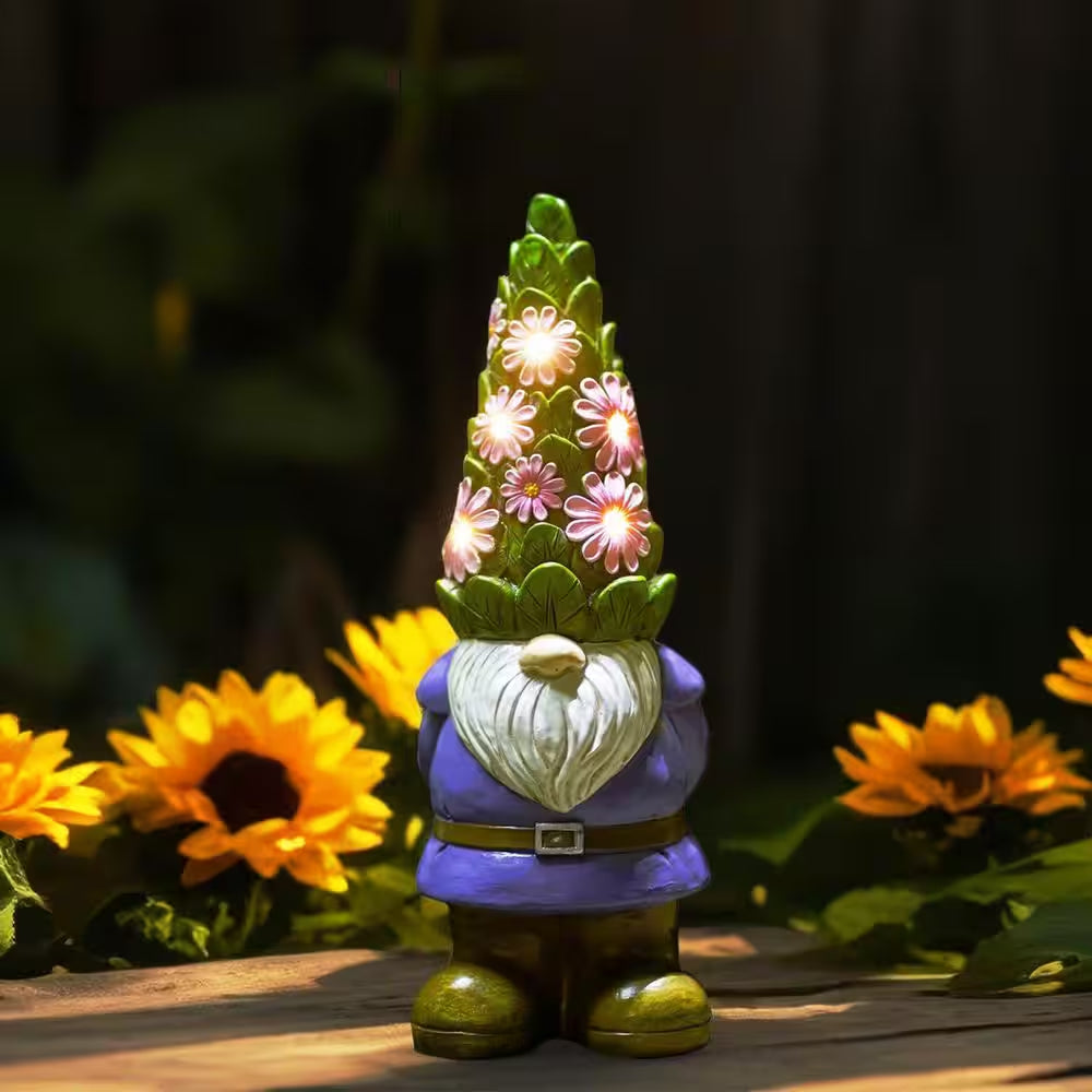Solar Garden Gnome Statue- Standing Gnome with Glowing Flowers and 5 LED Lights, Summer Dwarf Garden Decorations