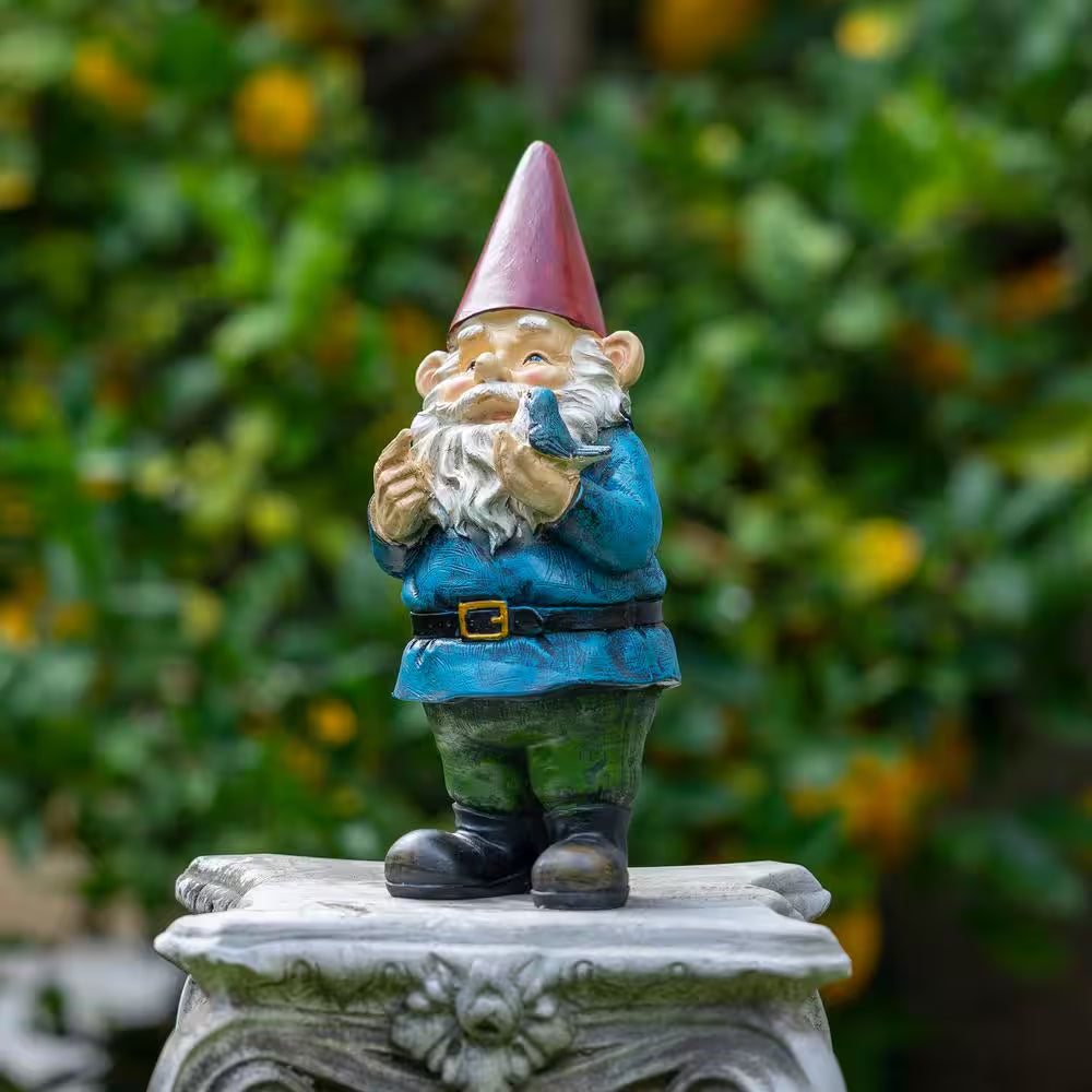 12 In. Tall Outdoor Garden Gnome with Bird Yard Statue Decoration, Multicolor