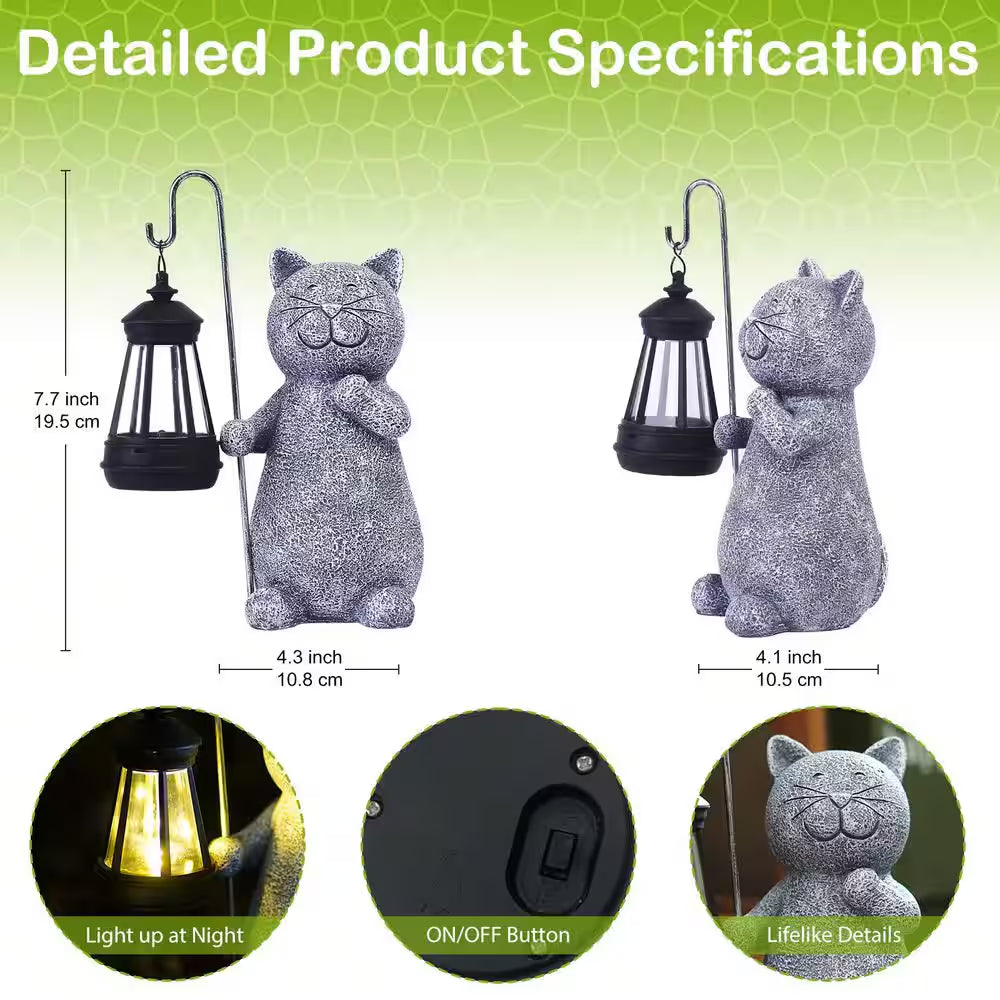 Solar Garden Statue Cat Figurine- Garden Art with Solar Lantern, Unique Housewarming Gift for Mom Grandma
