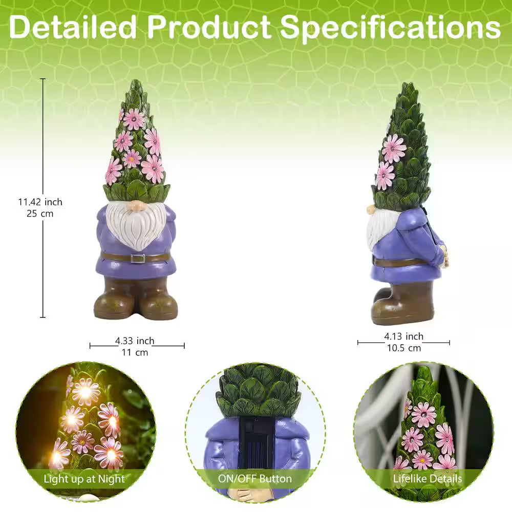 Solar Garden Gnome Statue- Standing Gnome with Glowing Flowers and 5 LED Lights, Summer Dwarf Garden Decorations