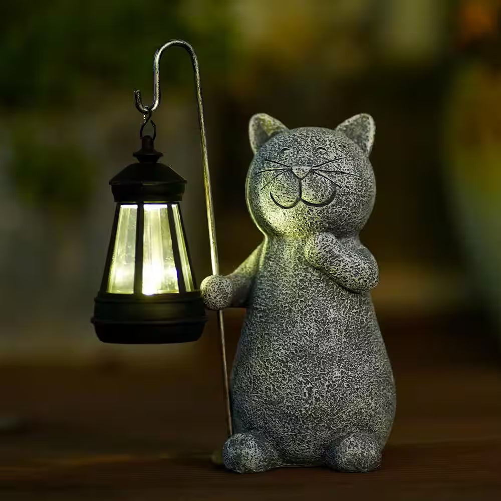 Solar Garden Statue Cat Figurine- Garden Art with Solar Lantern, Unique Housewarming Gift for Mom Grandma