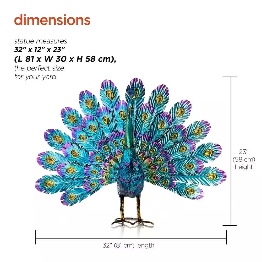 23 In. Tall Outdoor Metallic Peacock Tail Spread Yard Statue Decoration, Multicolor