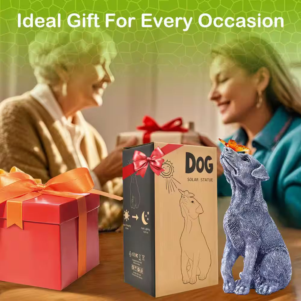 Gray Dog Statue with Solar Butterfly-Resin Solar Garden Decor-Beautifully Crafted Gifts for Mom Women