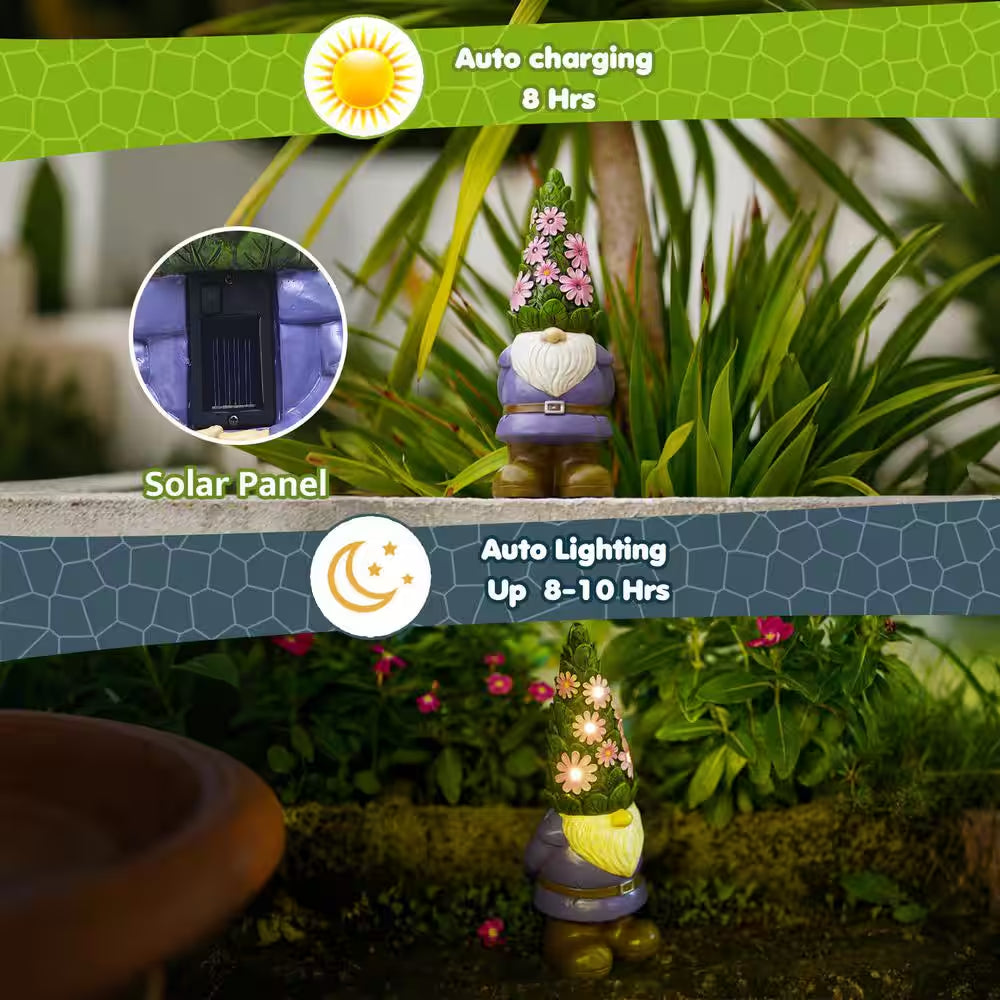 Solar Garden Gnome Statue- Standing Gnome with Glowing Flowers and 5 LED Lights, Summer Dwarf Garden Decorations