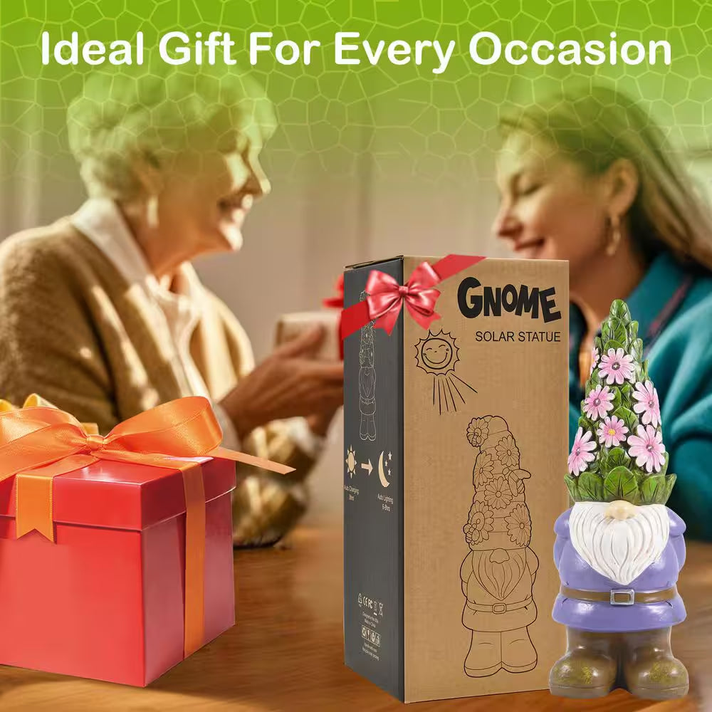 Solar Garden Gnome Statue- Standing Gnome with Glowing Flowers and 5 LED Lights, Summer Dwarf Garden Decorations