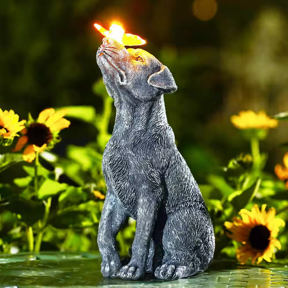 Gray Dog Statue with Solar Butterfly-Resin Solar Garden Decor-Beautifully Crafted Gifts for Mom Women