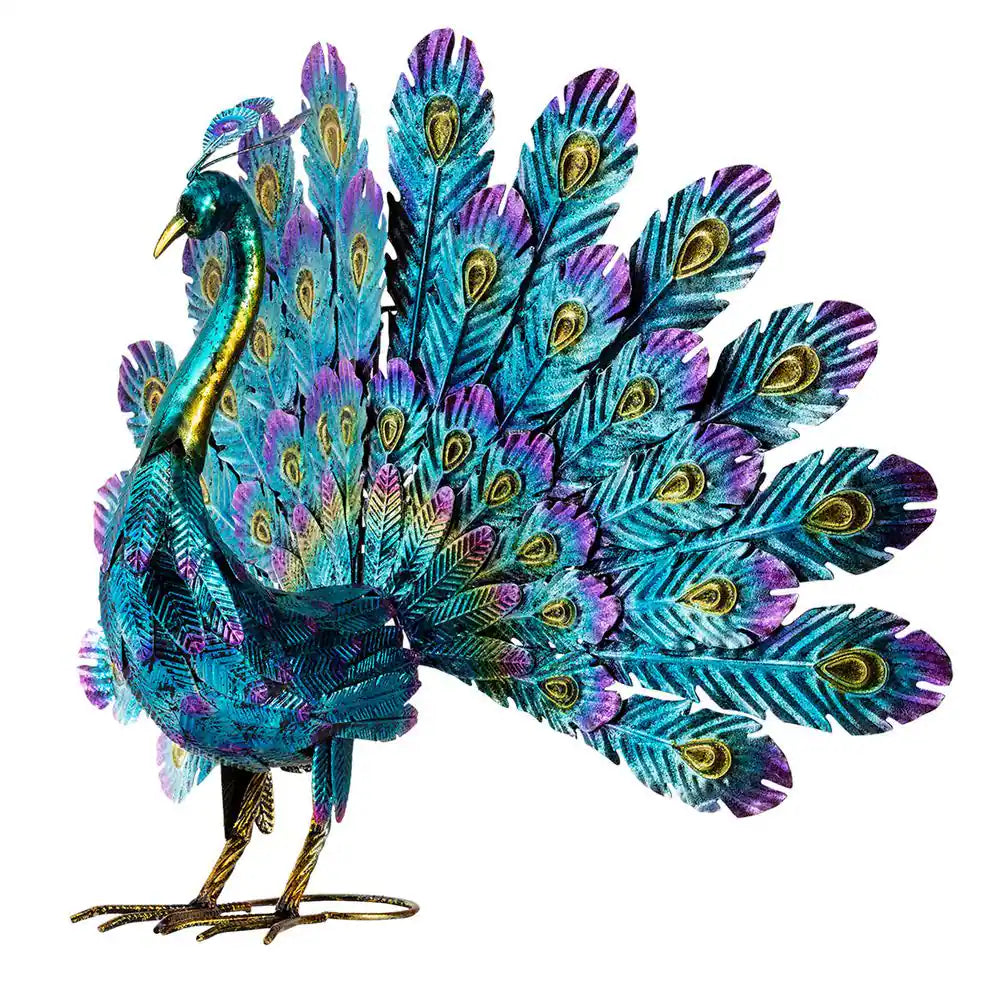 23 In. Tall Outdoor Metallic Peacock Tail Spread Yard Statue Decoration, Multicolor