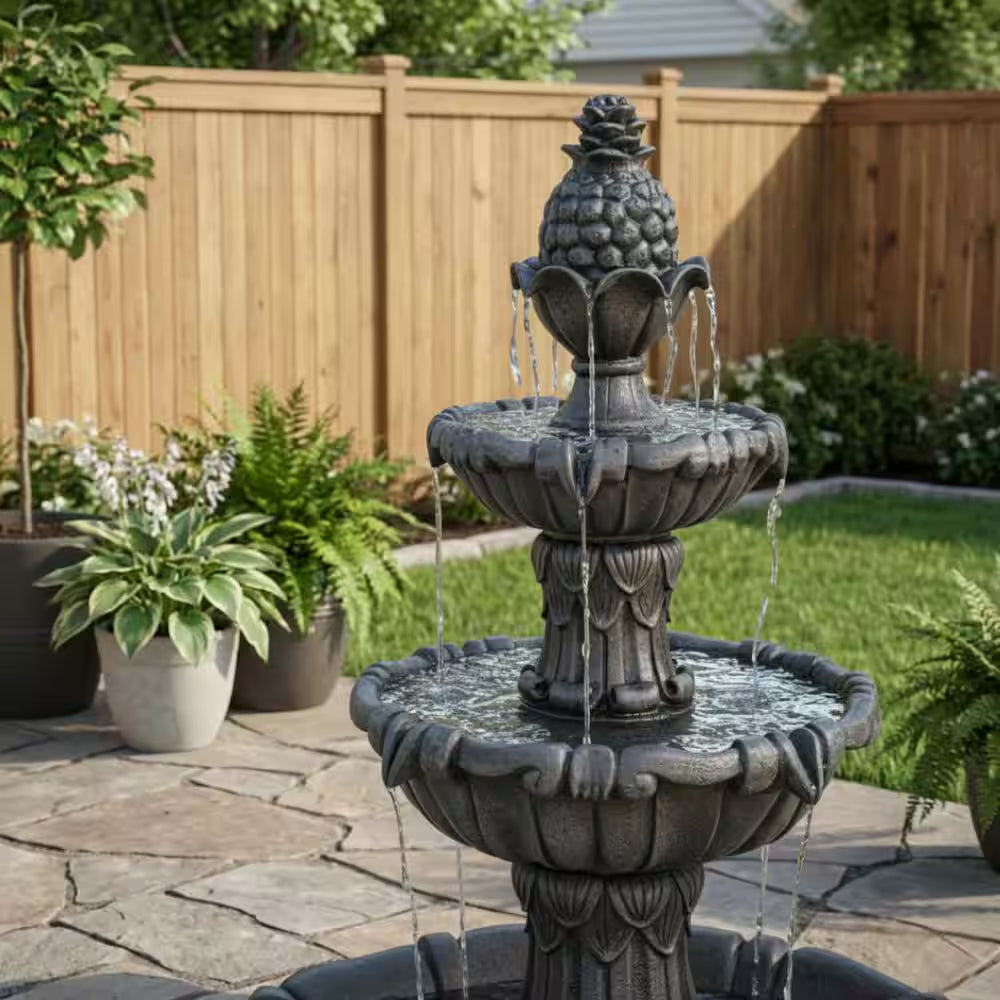 58.3" Leaf Classic Bird Bath Water Fountain, 3-Tier, Outdoor Garden, with Pump, White Resin, Yard, Lawn, Porch Decor