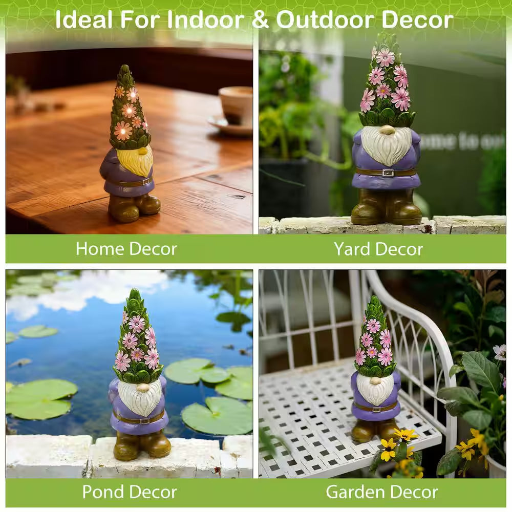 Solar Garden Gnome Statue- Standing Gnome with Glowing Flowers and 5 LED Lights, Summer Dwarf Garden Decorations