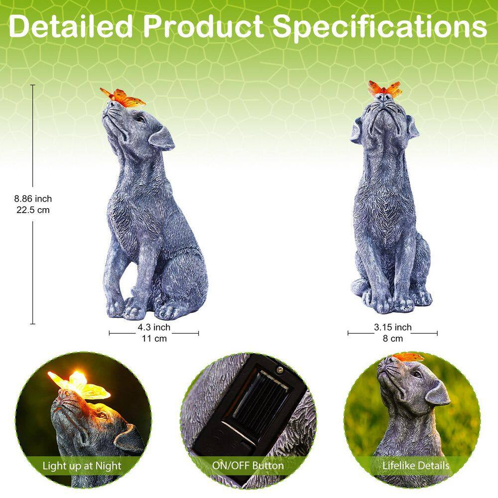 Gray Dog Statue with Solar Butterfly-Resin Solar Garden Decor-Beautifully Crafted Gifts for Mom Women