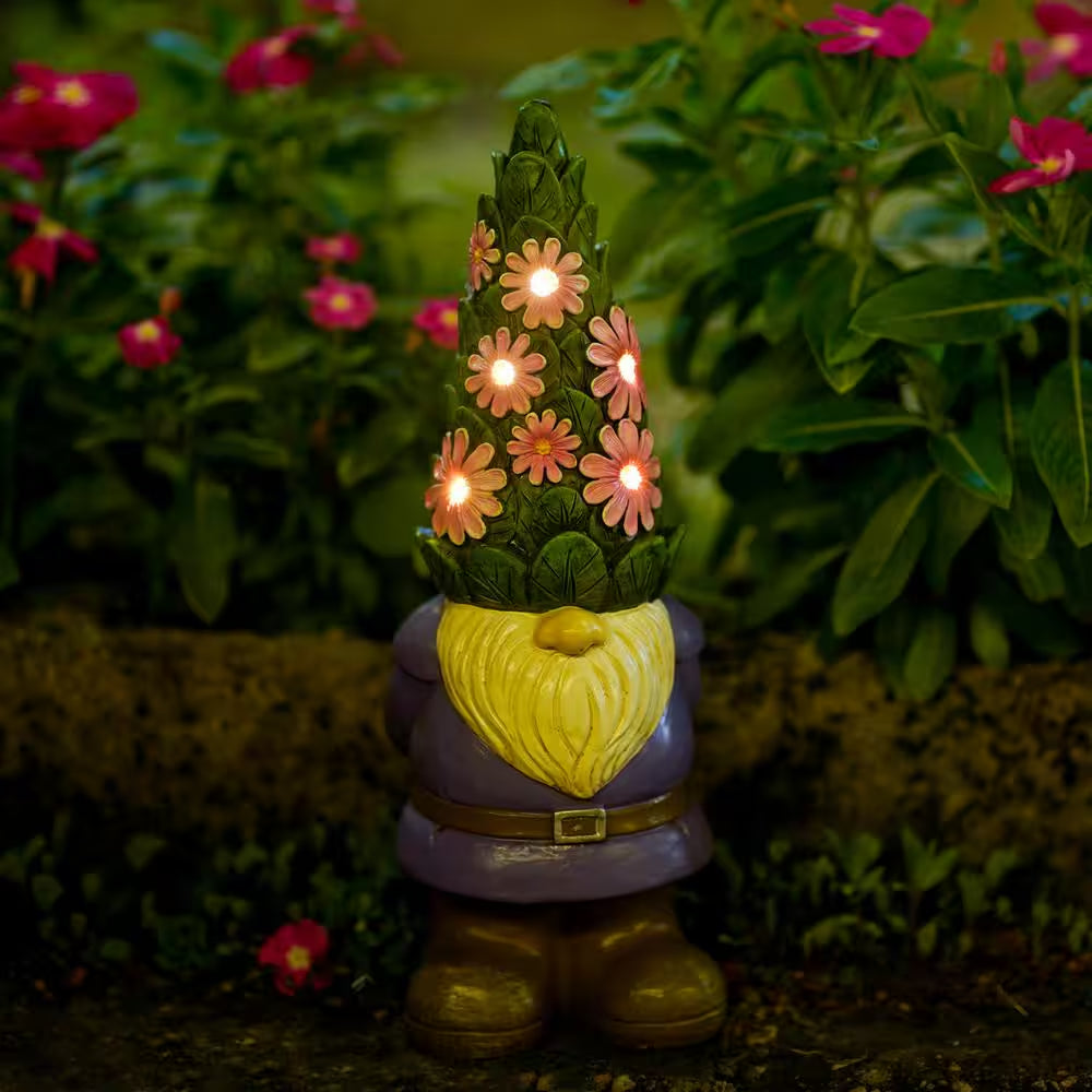 Solar Garden Gnome Statue- Standing Gnome with Glowing Flowers and 5 LED Lights, Summer Dwarf Garden Decorations
