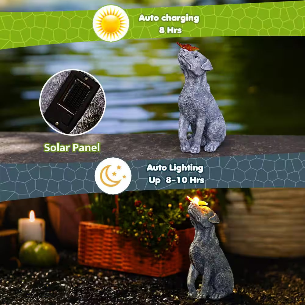 Gray Dog Statue with Solar Butterfly-Resin Solar Garden Decor-Beautifully Crafted Gifts for Mom Women