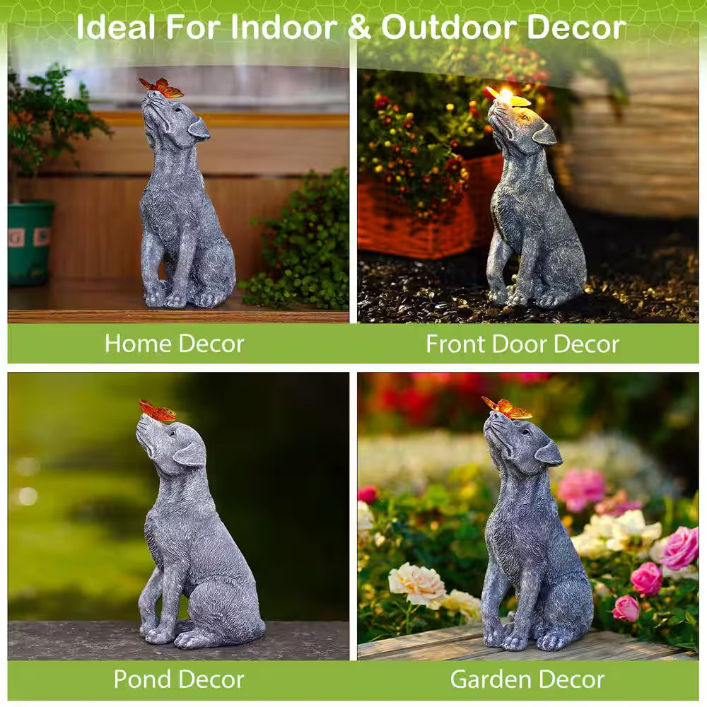 Gray Dog Statue with Solar Butterfly-Resin Solar Garden Decor-Beautifully Crafted Gifts for Mom Women