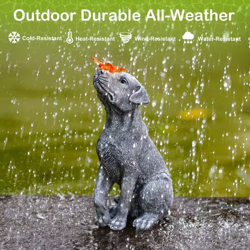 Gray Dog Statue with Solar Butterfly-Resin Solar Garden Decor-Beautifully Crafted Gifts for Mom Women
