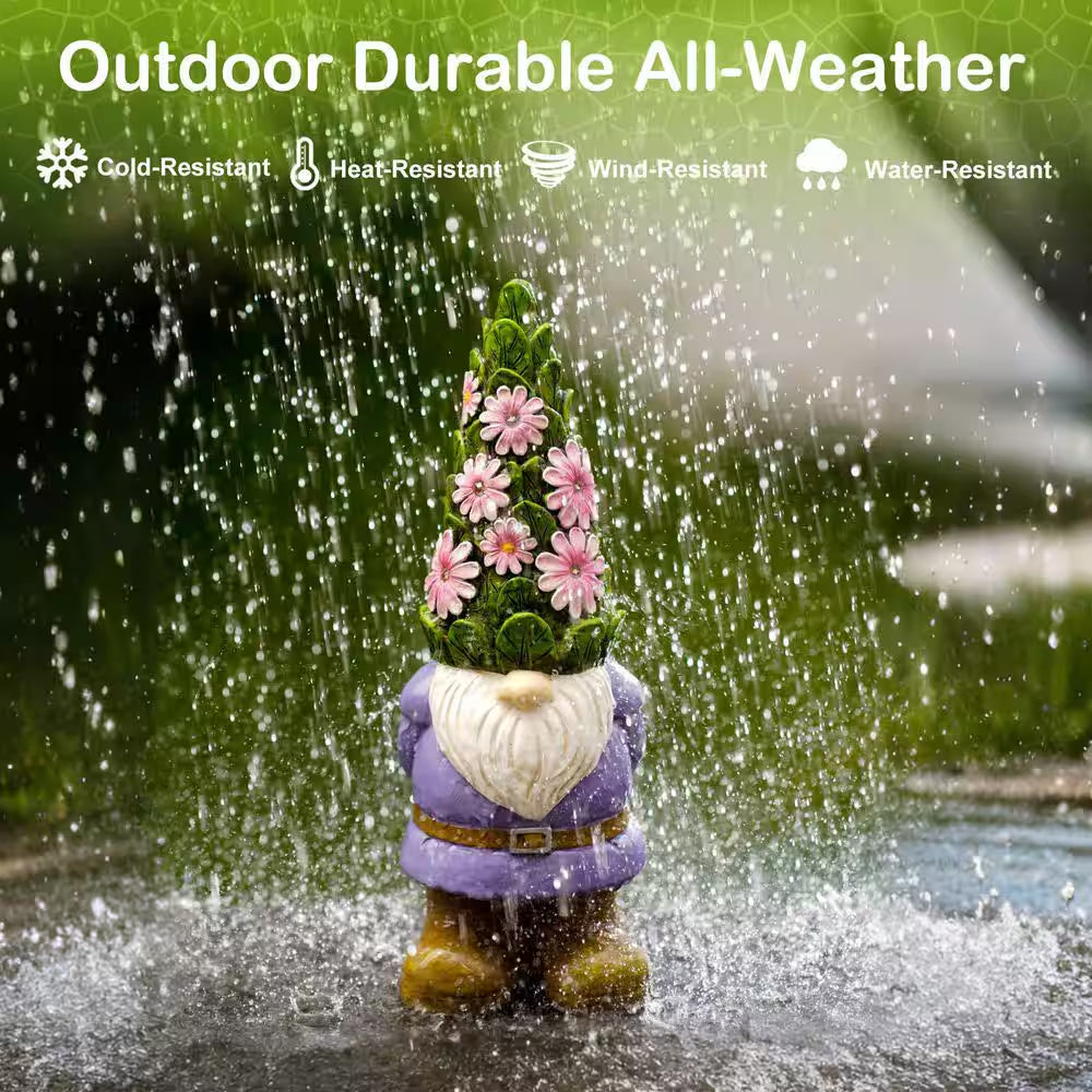 Solar Garden Gnome Statue- Standing Gnome with Glowing Flowers and 5 LED Lights, Summer Dwarf Garden Decorations