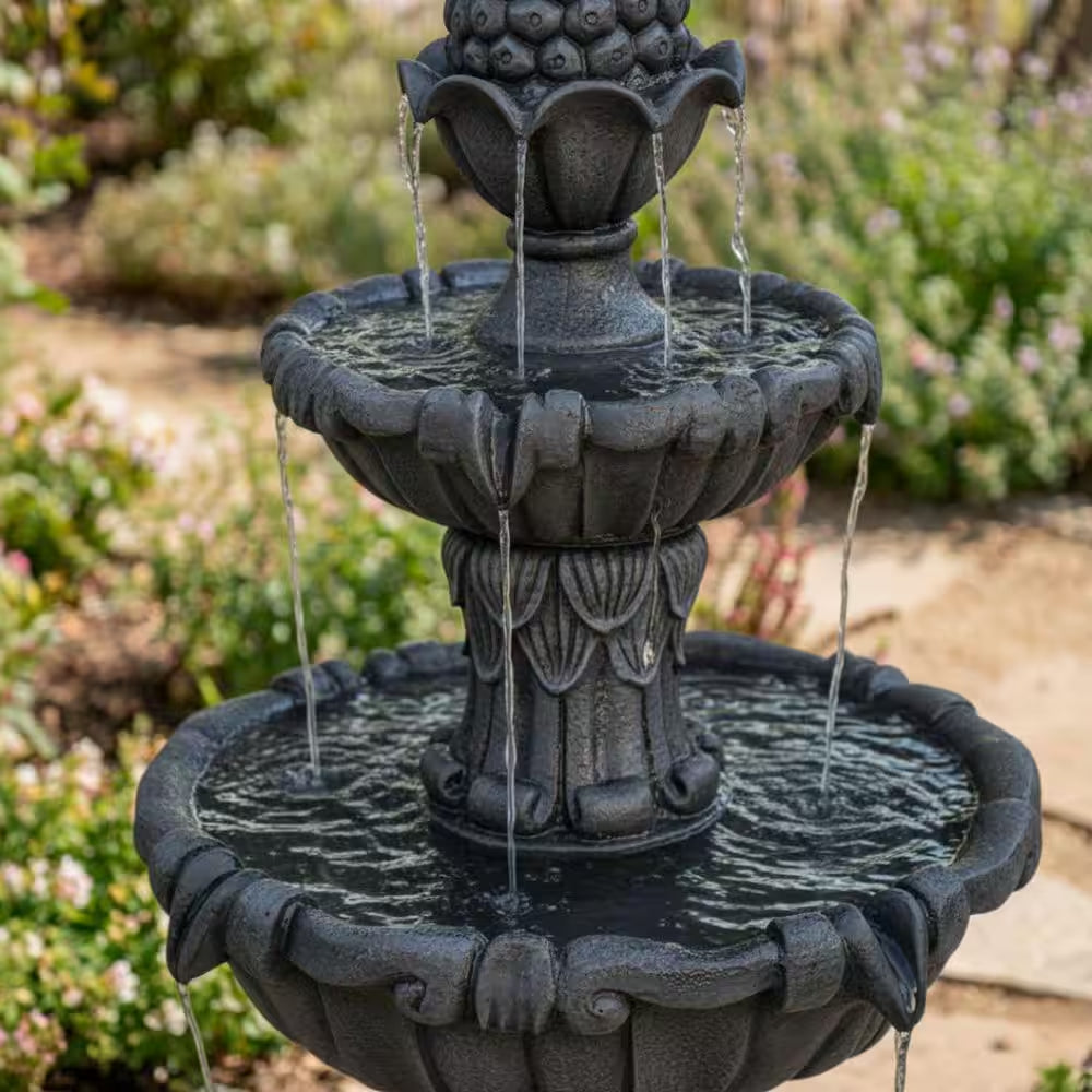 58.3" Leaf Classic Bird Bath Water Fountain, 3-Tier, Outdoor Garden, with Pump, White Resin, Yard, Lawn, Porch Decor
